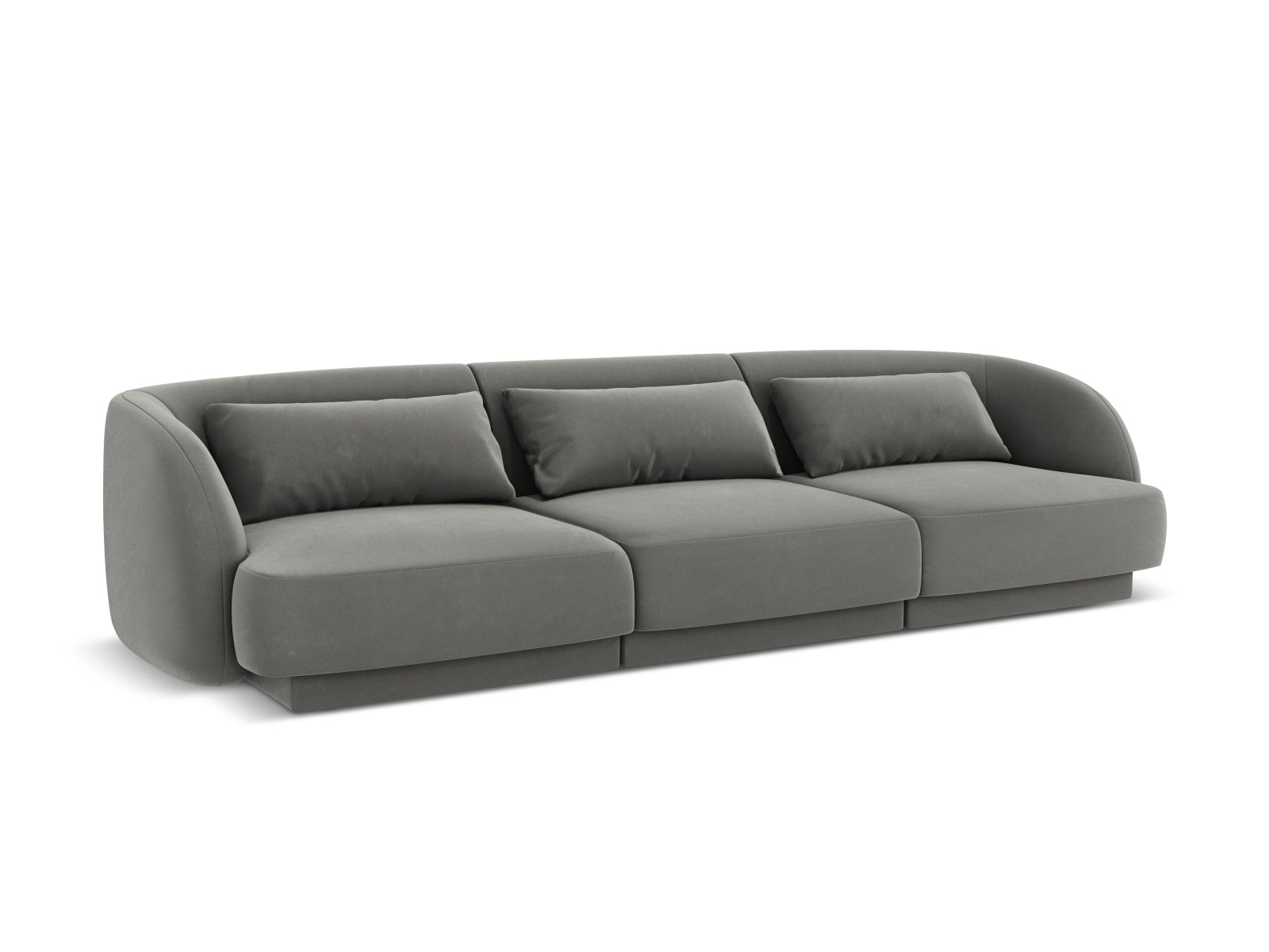 Stilvolles 3-Sitzer Sofa Tulum aus Velours in zartem Grau, perfekt für moderne Wohnkonzepte und gemütliche Abende.