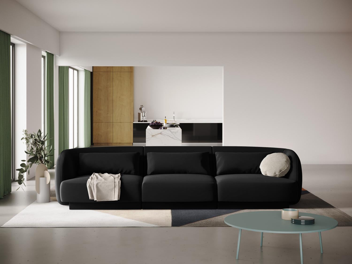 Elegantes Tulum Velour Sofa in Schwarz-Bluvel, 3-Sitzer mit modernem Design, ideal für stilvolle Wohnräume.