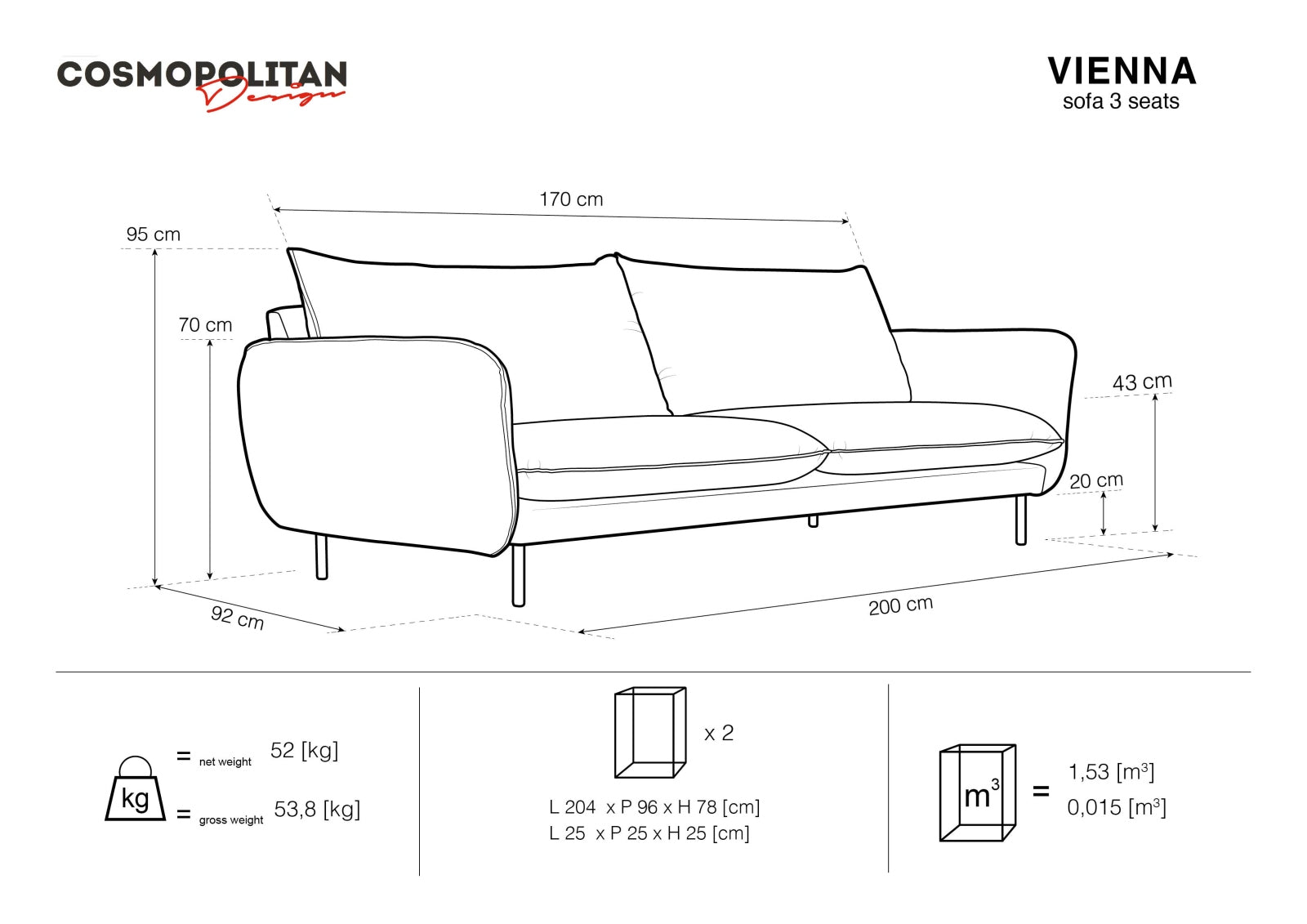 Stilvolles 3-Sitzer Sofa "Vienna" in edlem Dunkelgrau, perfekt für zeitgemäße Wohnkonzepte und gemütliche Abende von Cosmopolitan Design.