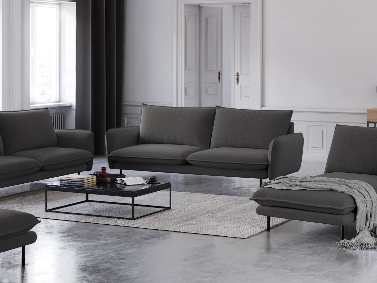 Elegantes 3-Sitzer Sofa "Vienna" in Dunkelgrau/Schwarz, ideal für stilvolle Wohnräume, präsentiert von Cosmopolitan Design.