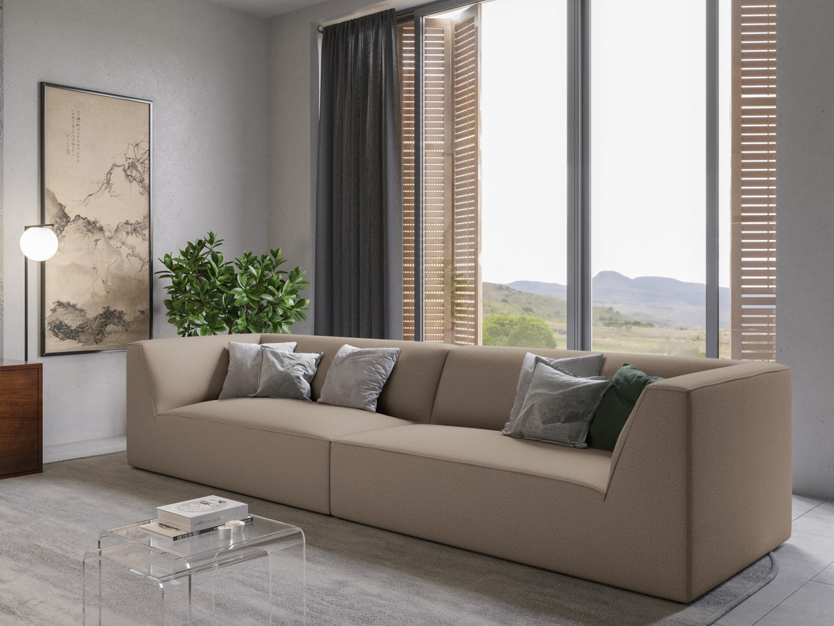Beiges 4-Sitzer Sofa Siena mit strukturiertem Cordstoffbezug, Massivholzrahmen und schwarzen Kunststoffbeinen, moderne gerade Form.