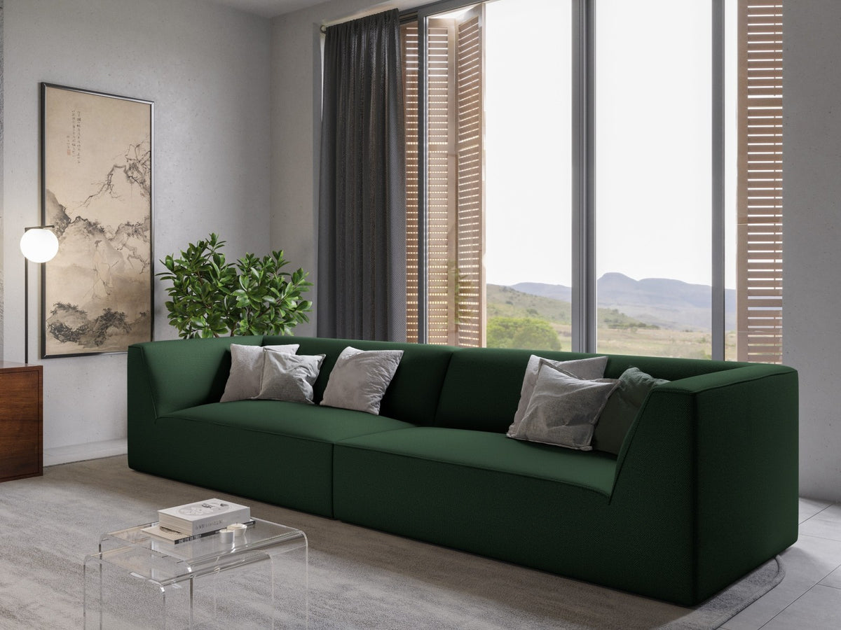 Beiges 4-Sitzer Sofa Siena mit strukturiertem Cordstoffbezug, Massivholzrahmen und schwarzen Kunststoffbeinen, moderne gerade Form.