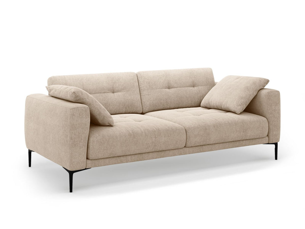 Lazio Sofa 4-Sitzer in Beige-Sorella mit Tweed-Stoffbezug, Massivholzrahmen und schwarzen Metallbeinen, Frontalansicht auf hellem Hintergrund.