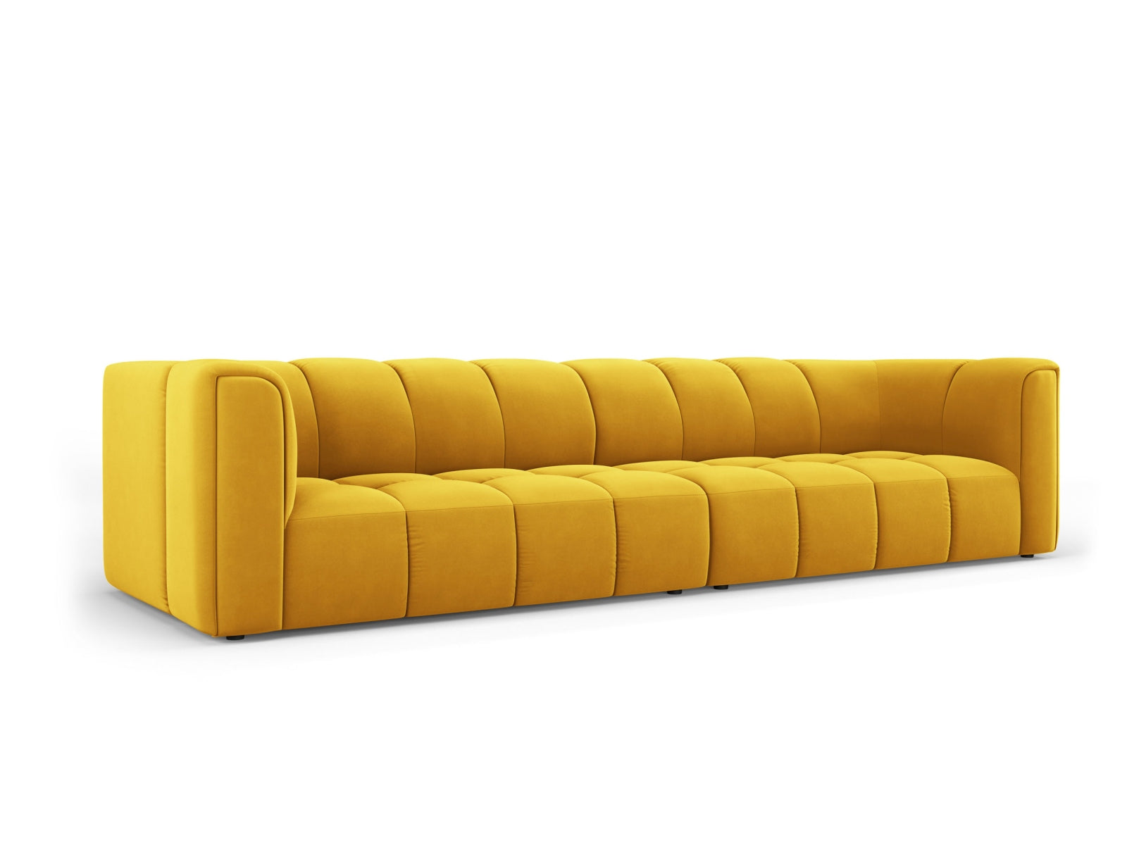 Modulares 4-Sitzer Sofa Moritz in stilvollem Gelb-Blau, ideal für moderne Wohnräume, erhältlich bei KAQTU Design AG.