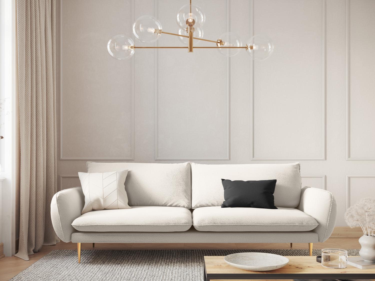 Elegantes Vienna Boucle Sofa für 4 Personen in stilvollem Beige mit goldenen Akzenten, ideal für moderne Wohnräume.