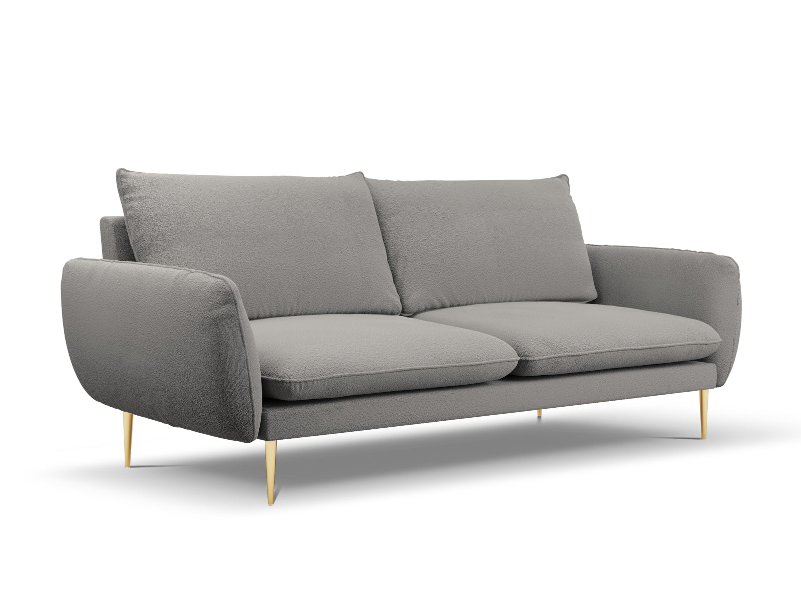 Stilvolles 4-Sitzer Boucle Sofa "Vienna" in Grau mit luxuriösen goldenen Details, perfekt für zeitgemäße Inneneinrichtungen.