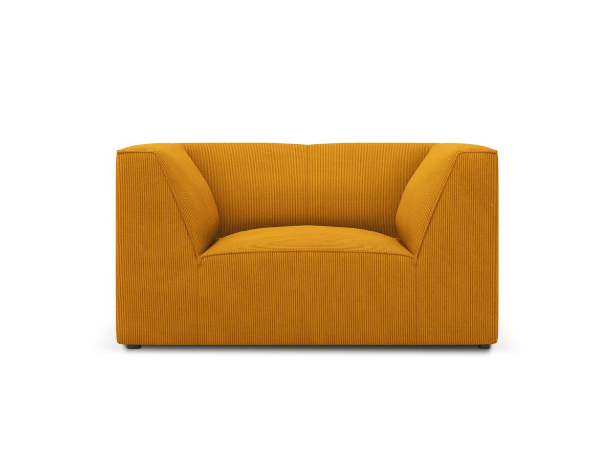 Sessel Siena 1-Sitzer von Cosmopolitan Design mit gelbem Ottawa-Stoffbezug, Massivholzrahmen und schwarzen Kunststoffbeinen aus Polypropylen.