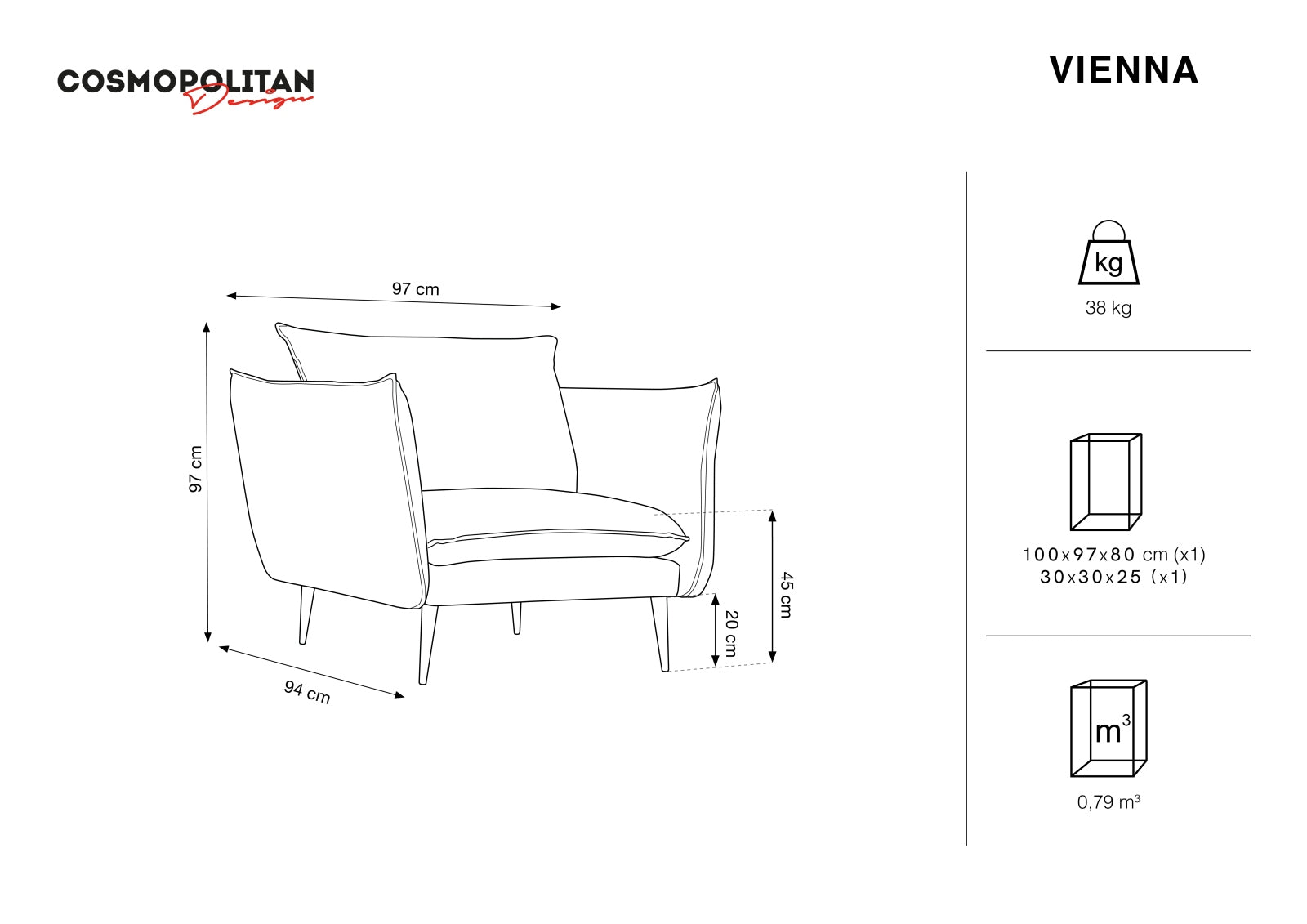 Erleben Sie den Vienna Velour Sessel 94cm von Cosmopolitan Design – stilvoll, bequem und ideal für jedes moderne Zuhause.