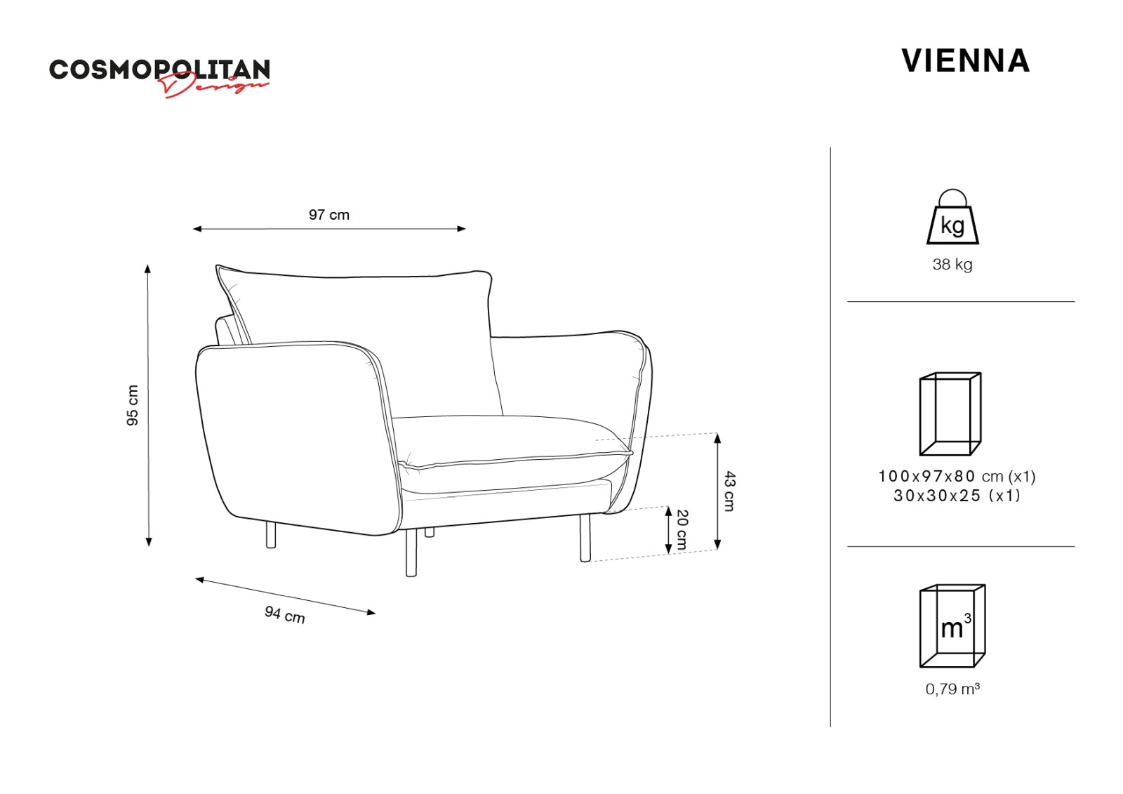 Genießen Sie den eleganten Vienna Velour Sessel 94cm von Cosmopolitan Design – ein komfortables Möbelstück, das jedem Raum einen Hauch von Luxus verleiht.