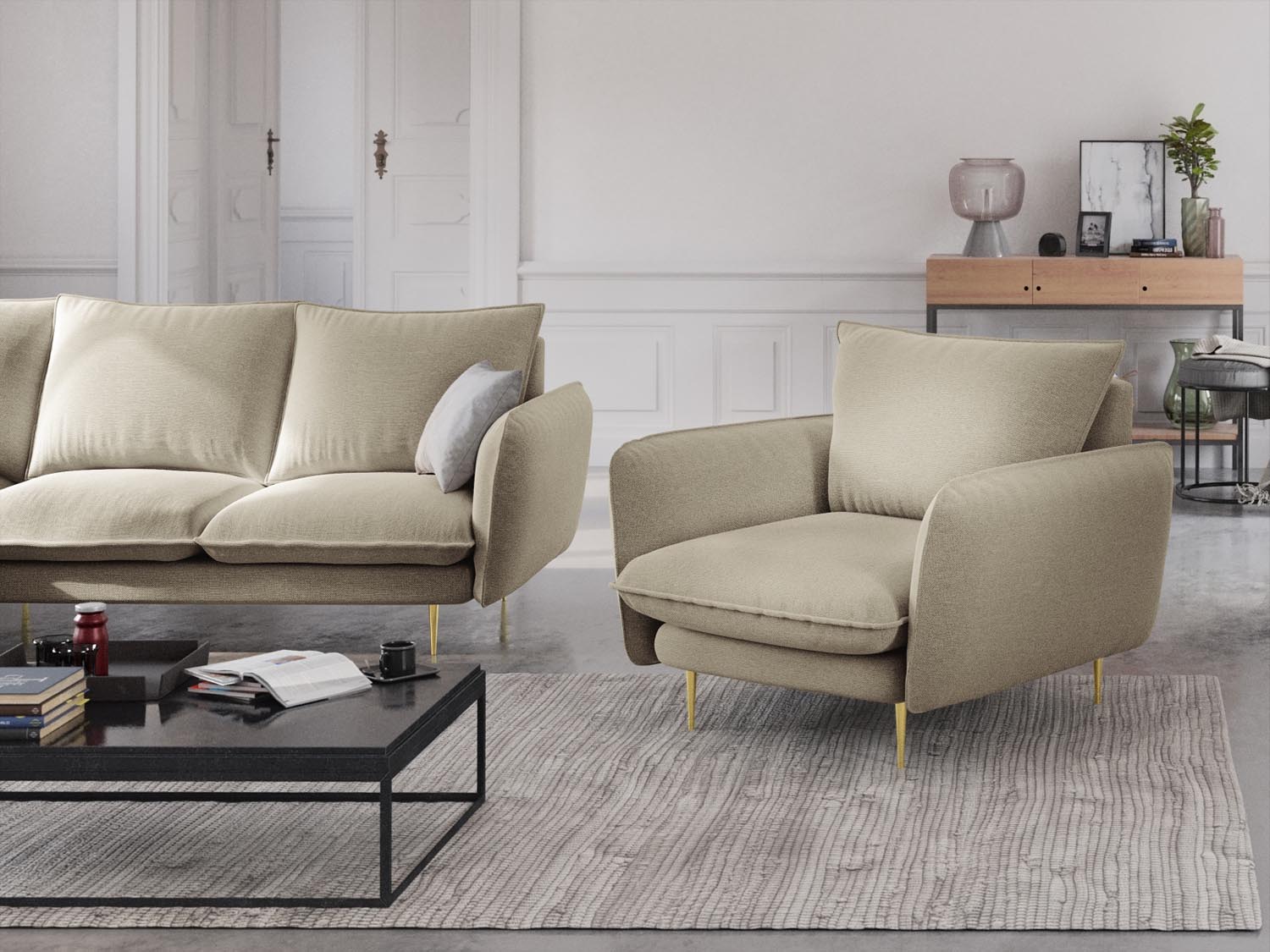 Eleganter Vienna Sessel mit einem Sitzplatz, 94 cm, in stilvollem Beige und Gold-Positano, ideal für moderne Wohnräume.