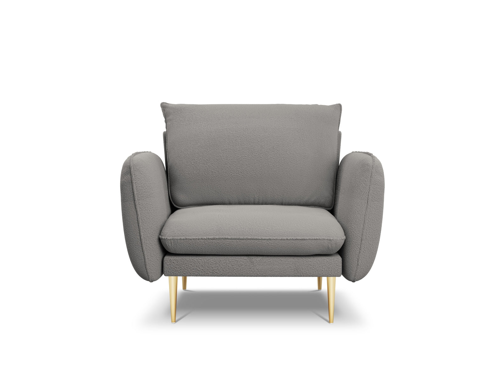 Eleganter Vienna Boucle Sessel mit einem Sitzplatz, 94 cm, in stilvollem Grau und goldenen Akzenten, ideal für moderne Wohnräume.