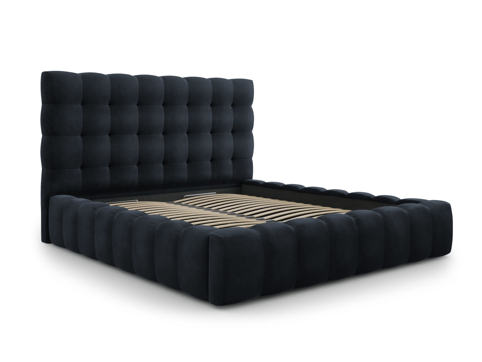 Elegantes Bali Bett mit praktischem Stauraum und stilvollem Kopfteil in Dunkelblau, ideal für moderne Schlafzimmer.