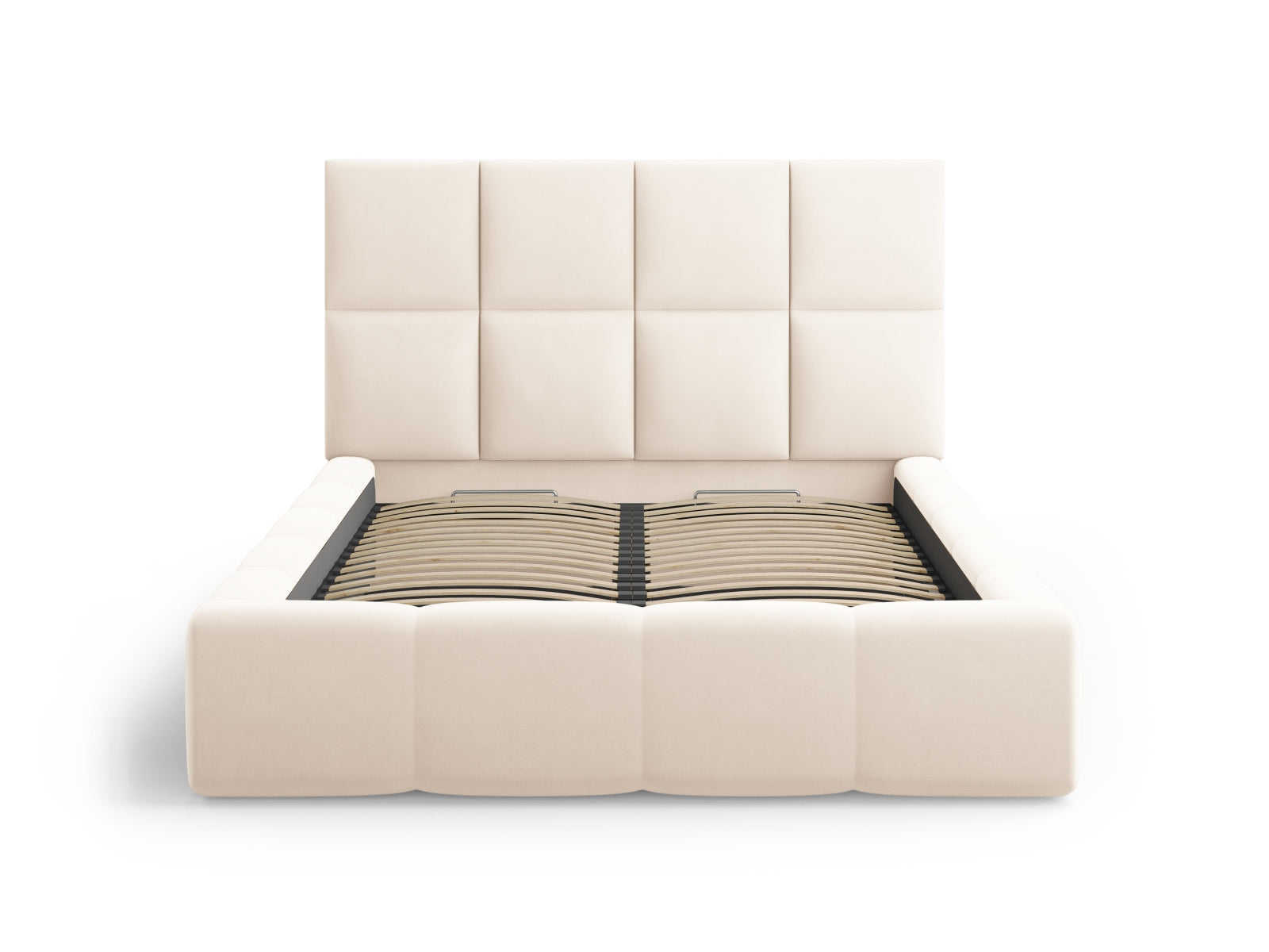 Modernes Livigno Bett mit 140 cm Breite, ausgestattet mit Stauraum und einem geschmackvollen Kopfteil in sanften Beige-Tönen.