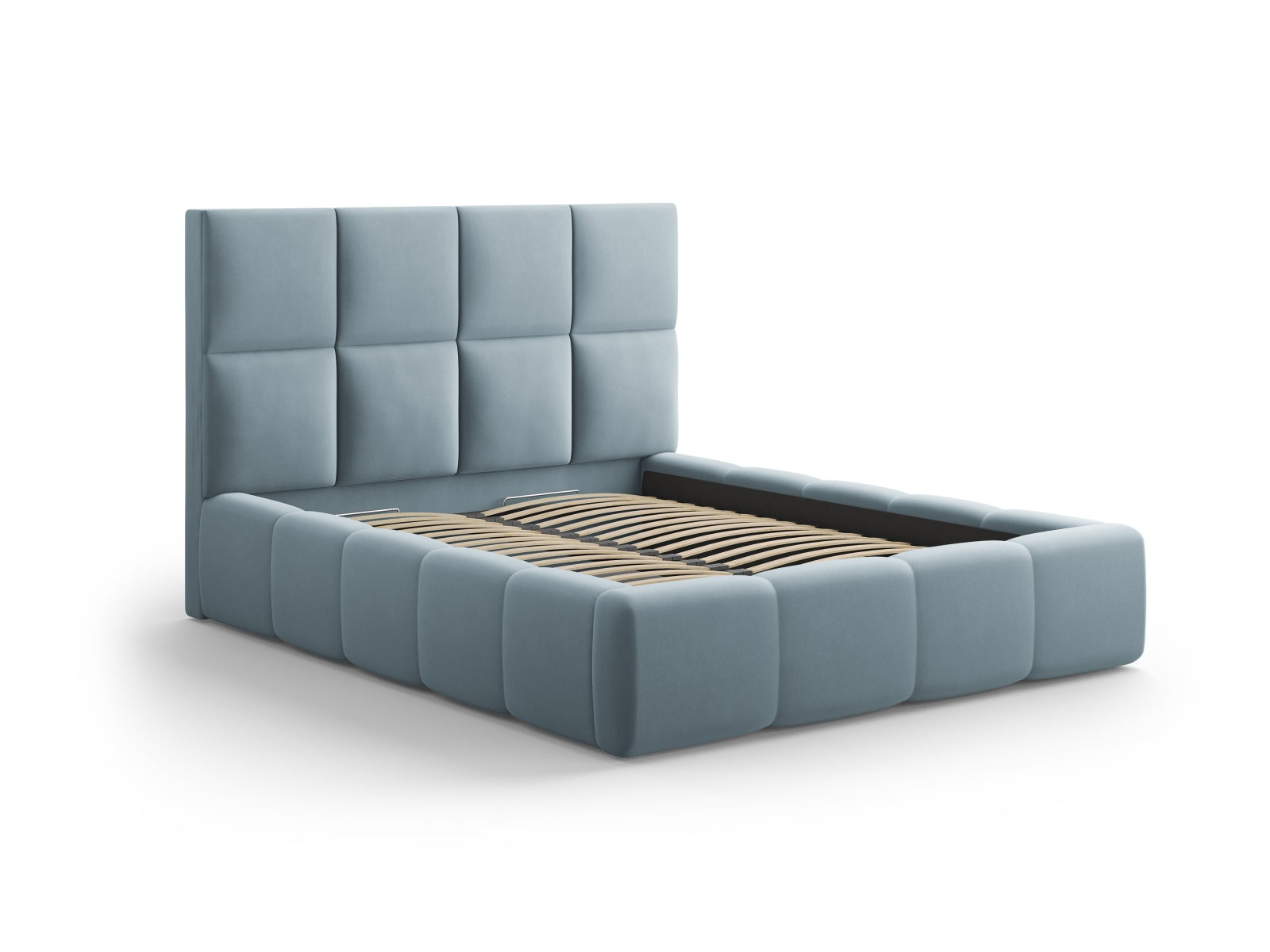 Elegantes Livigno Bett mit praktischem Stauraum und stilvollem Kopfteil in sanftem Light Blue-Bluvel, ideal für moderne Schlafzimmer.