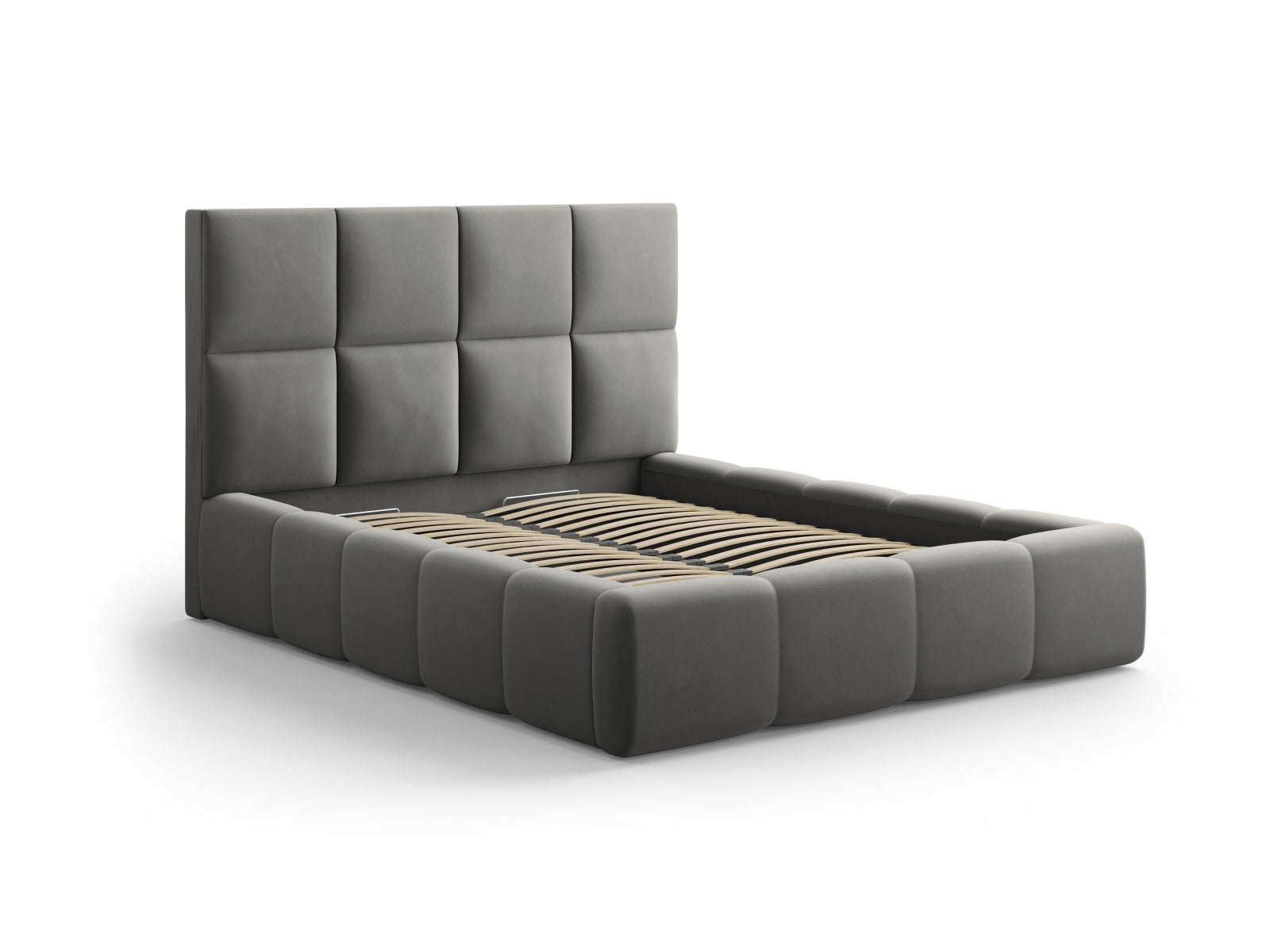 Stylisches Livigno Bett mit praktischem Stauraum und elegantem Kopfteil in Light Grey-Bluvel, ideal für moderne Schlafzimmer.