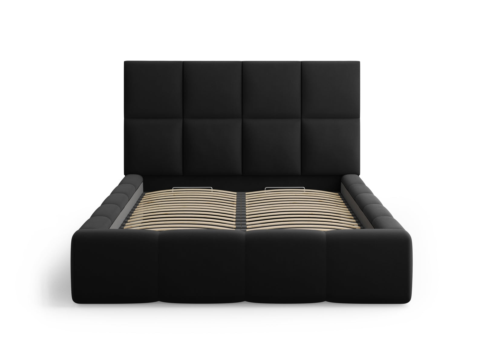 Modernes Livigno Bett mit 140 cm Breite, praktischen Stauraum und geschmackvollem Kopfteil in Black-Bluvel, perfekt für stilvolle Schlafzimmer.