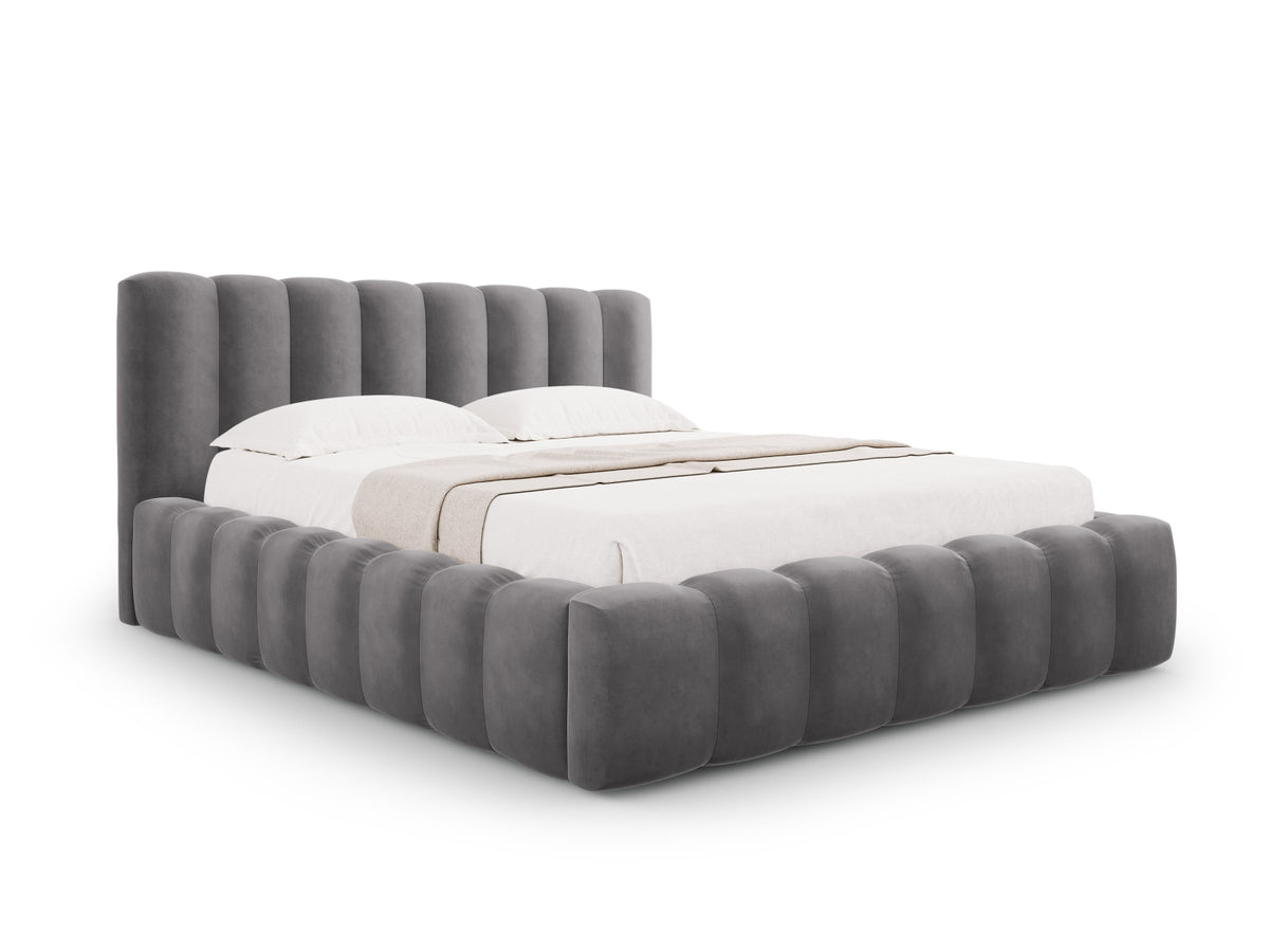 Palma Bett mit gestepptem Kopfteil und Bluvel-Bezug auf schwarzen Kunststoffbeinen