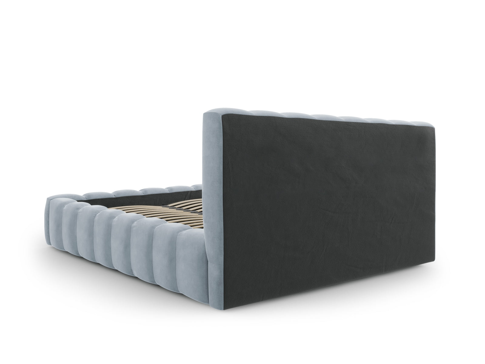 Elegantes Palma Bett in sanftem Light Blue-Bluvel, 160 cm Kopfteil und cleverem Stauraum für ein modernes Schlafzimmer.