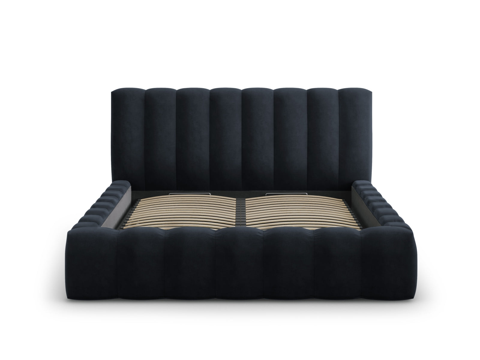 Elegantes Palma Bett mit 160 cm Breite, Stauraum und stilvollem Kopfteil in Dunkelblau, ideal für moderne Schlafzimmer.
