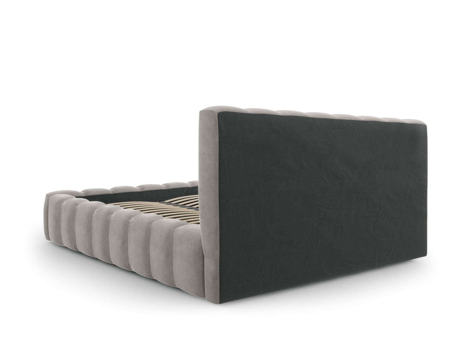 Elegantes Palma Bett in Light Grey-Bluvel mit 160 cm Kopfteil und praktischem Stauraum, ideal für ein modernes Schlafzimmer.