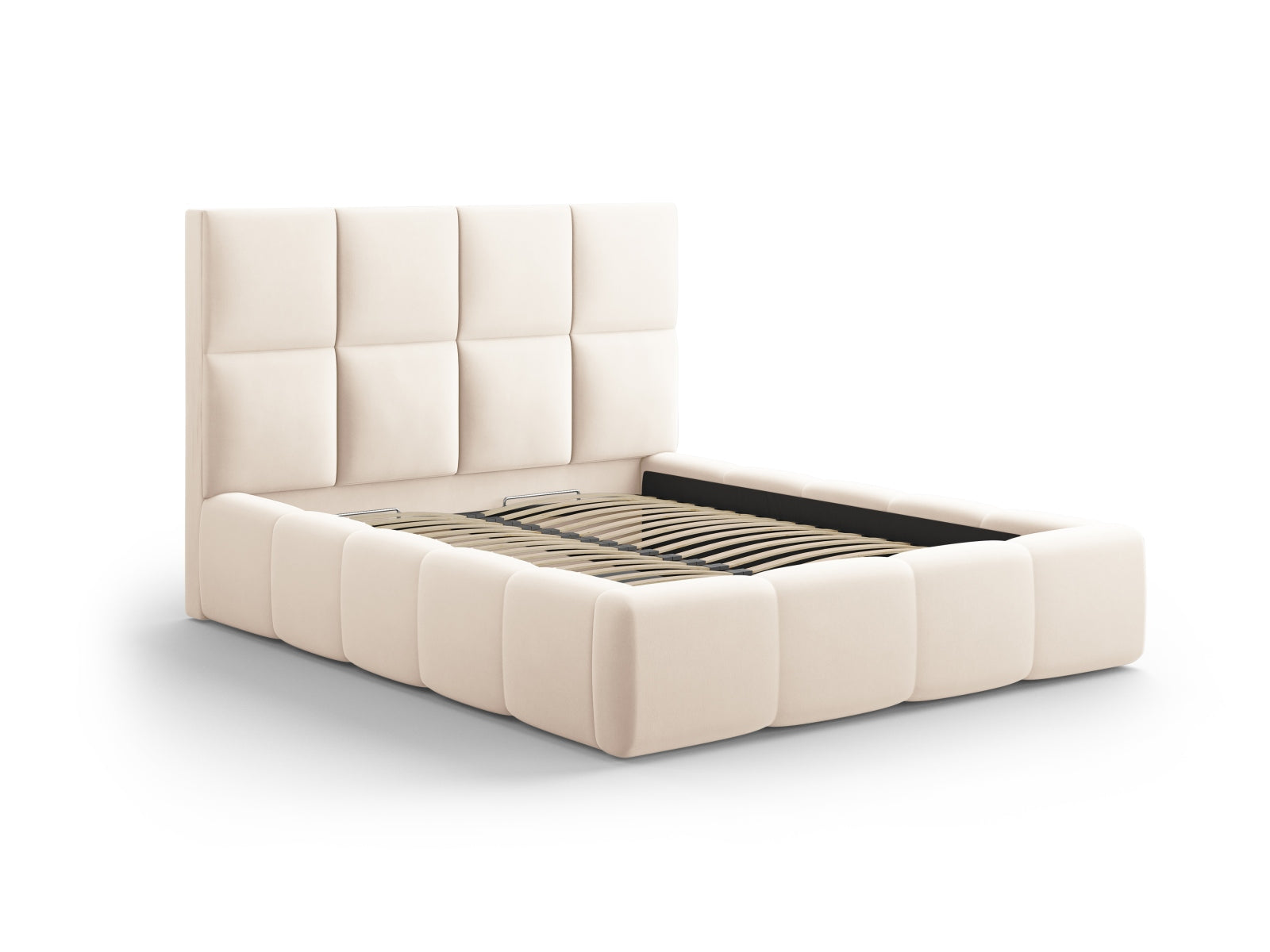 Elegantes Livigno Bett mit 180 cm Kopfteil und praktischem Stauraum in Light Beige-Bluvel, ideal für stilvolle Schlafzimmer.