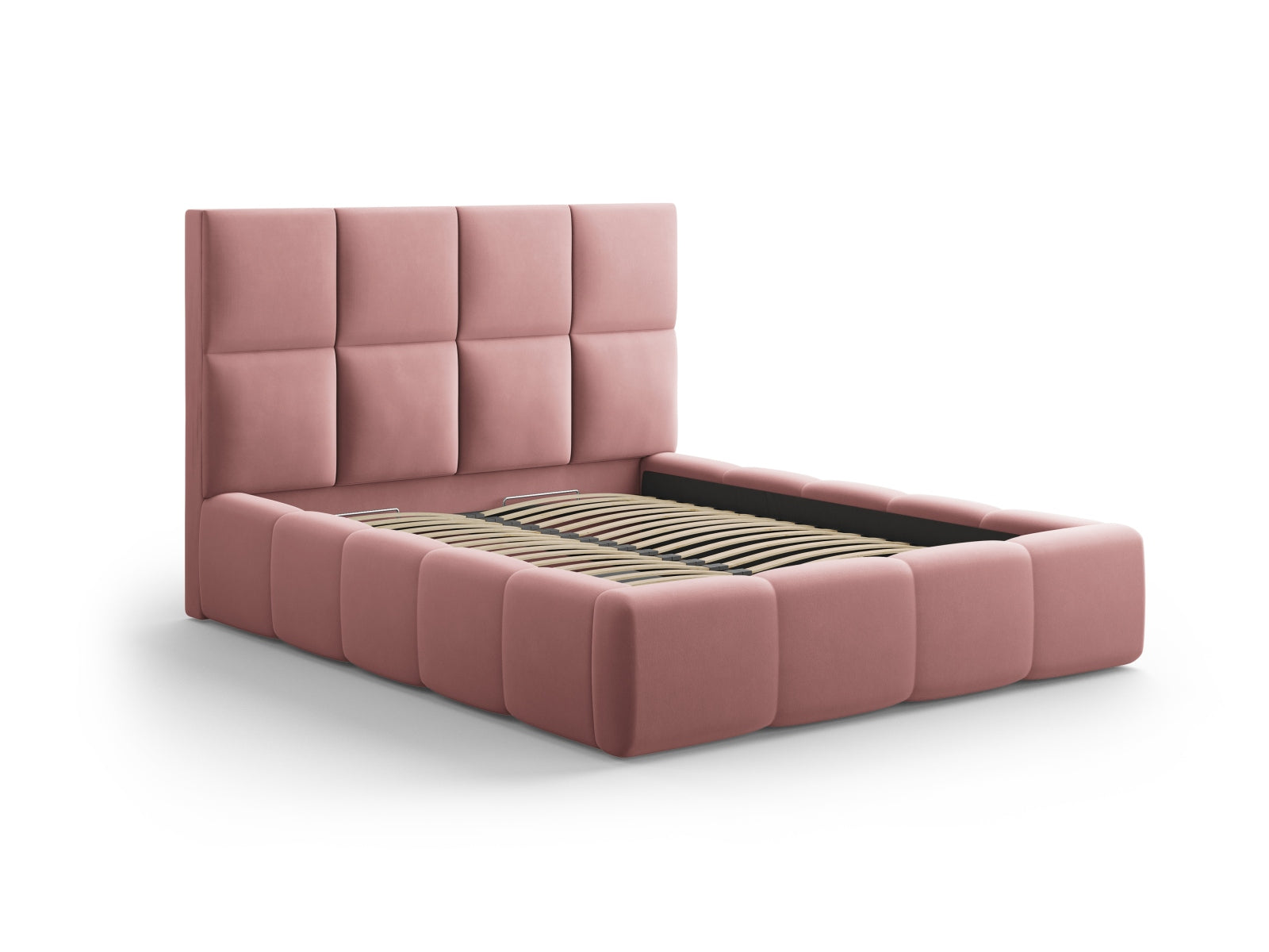 Stylisches Livigno Bett mit 180 cm Kopfteil und praktischem Stauraum in Pink-Bluvel, ideal für modernes Wohnen.