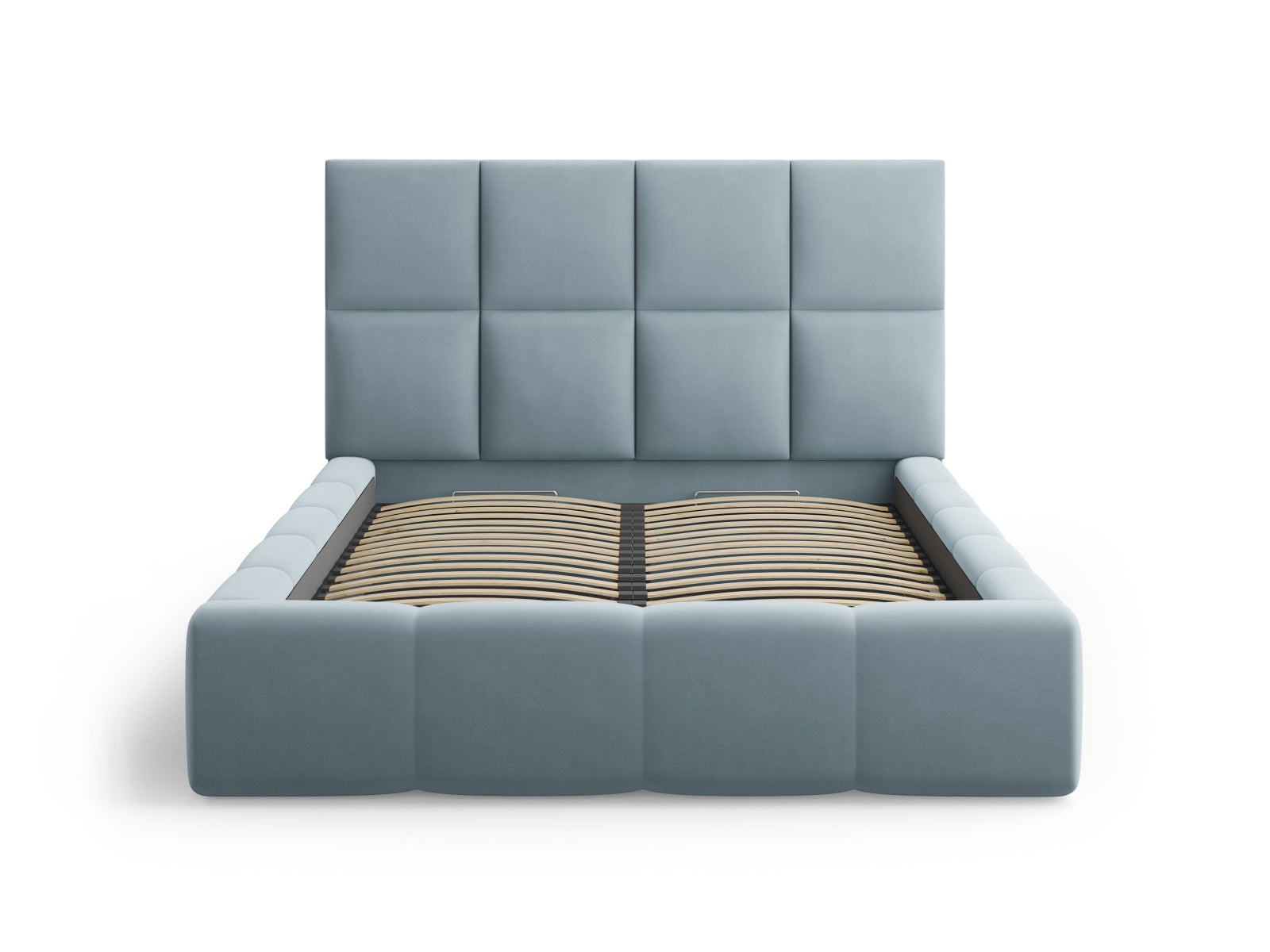 Modernes Livigno Bett mit 180 cm Kopfteil und integriertem Stauraum in zartem Light Blue-Bluvel, perfekt für ein elegantes Schlafzimmer.