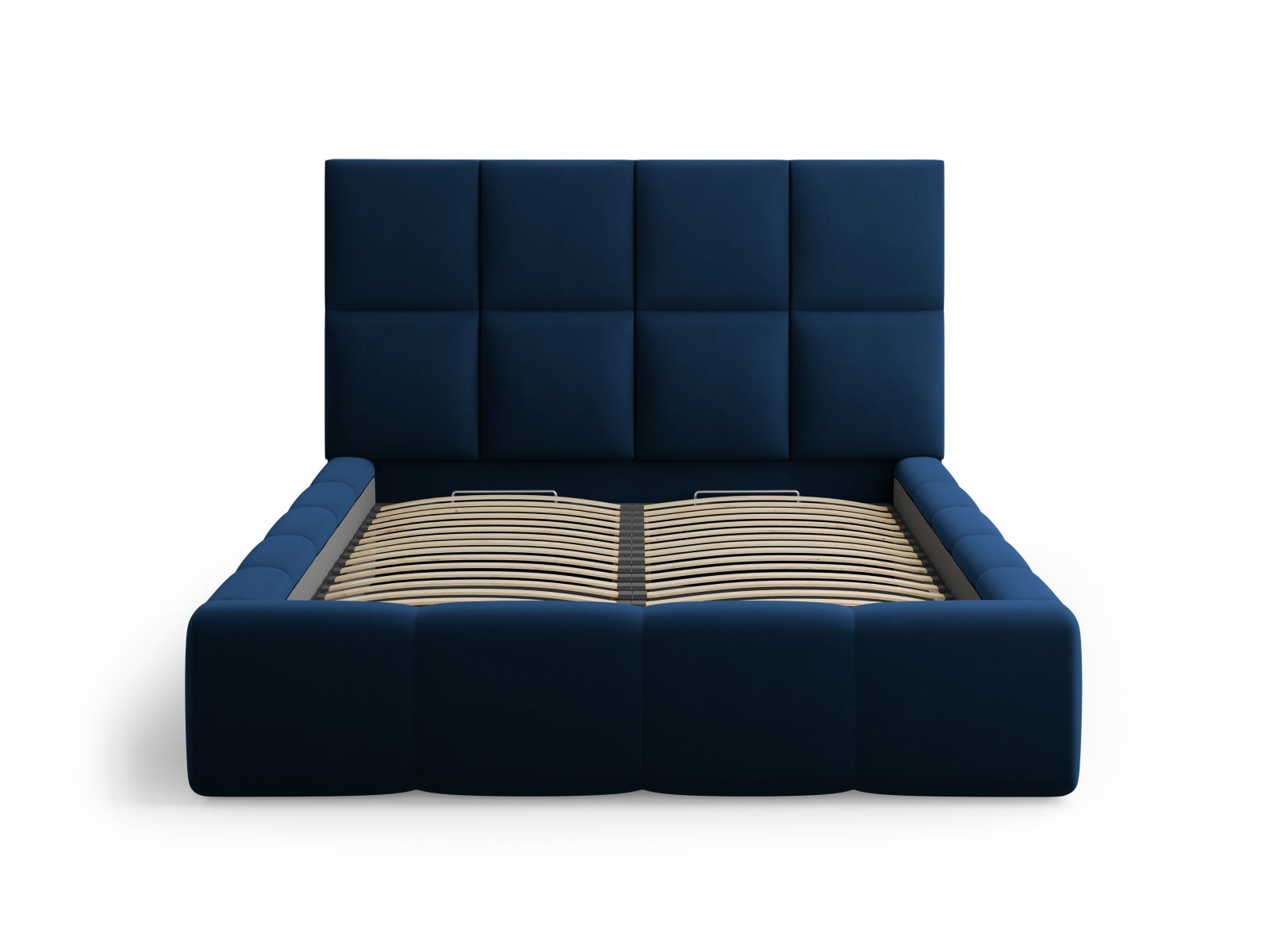 Modernes Livigno Bett mit 180 cm hohem Kopfteil und integriertem Stauraum in Royal Blue-Bluvel, perfekt für ein elegantes Schlafzimmer.