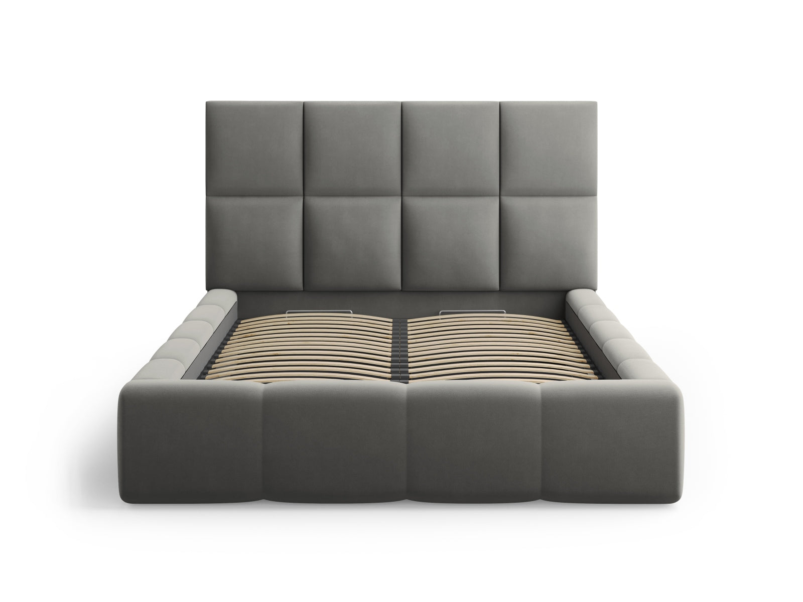 Modernes Livigno Bett mit 180 cm hohem Kopfteil und integriertem Stauraum in sanftem Light Grey-Bluvel, perfekt für jedes Schlafzimmer.