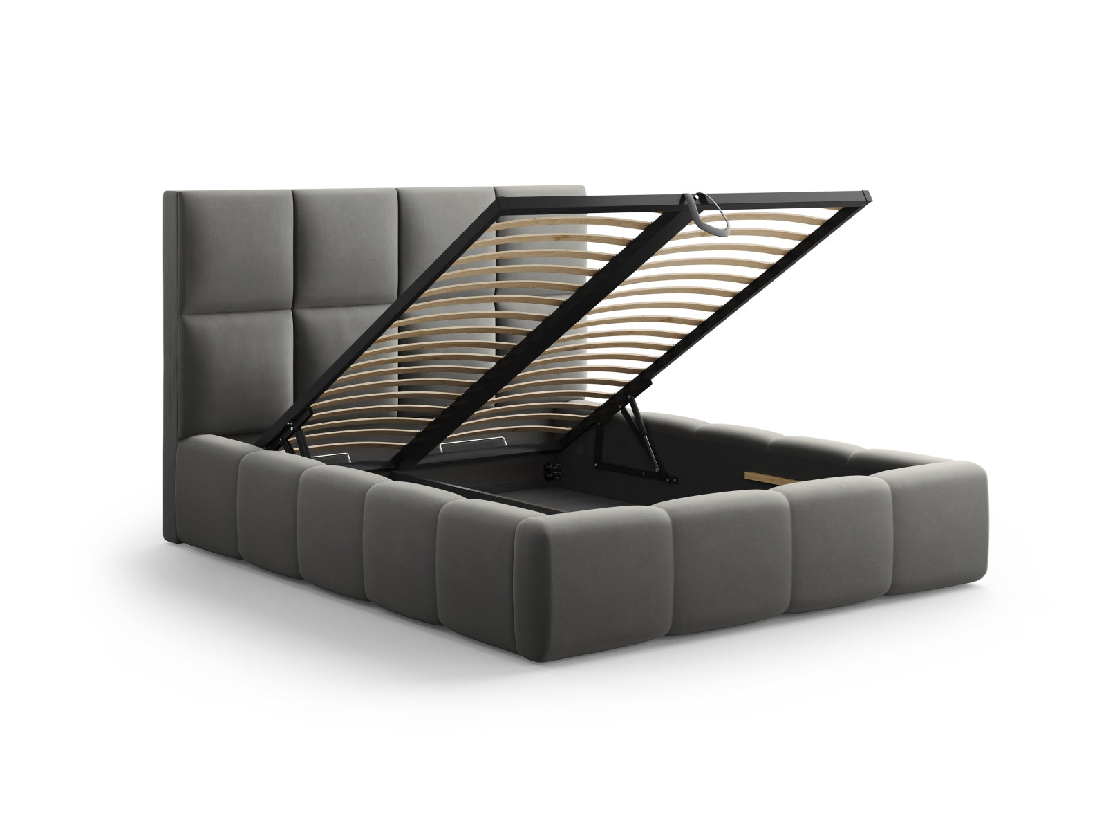 Stylisches Livigno Bett mit 180 cm Kopfteil und praktischem Stauraum in elegantem Light Grey-Bluvel, ideal für moderne Schlafzimmer.