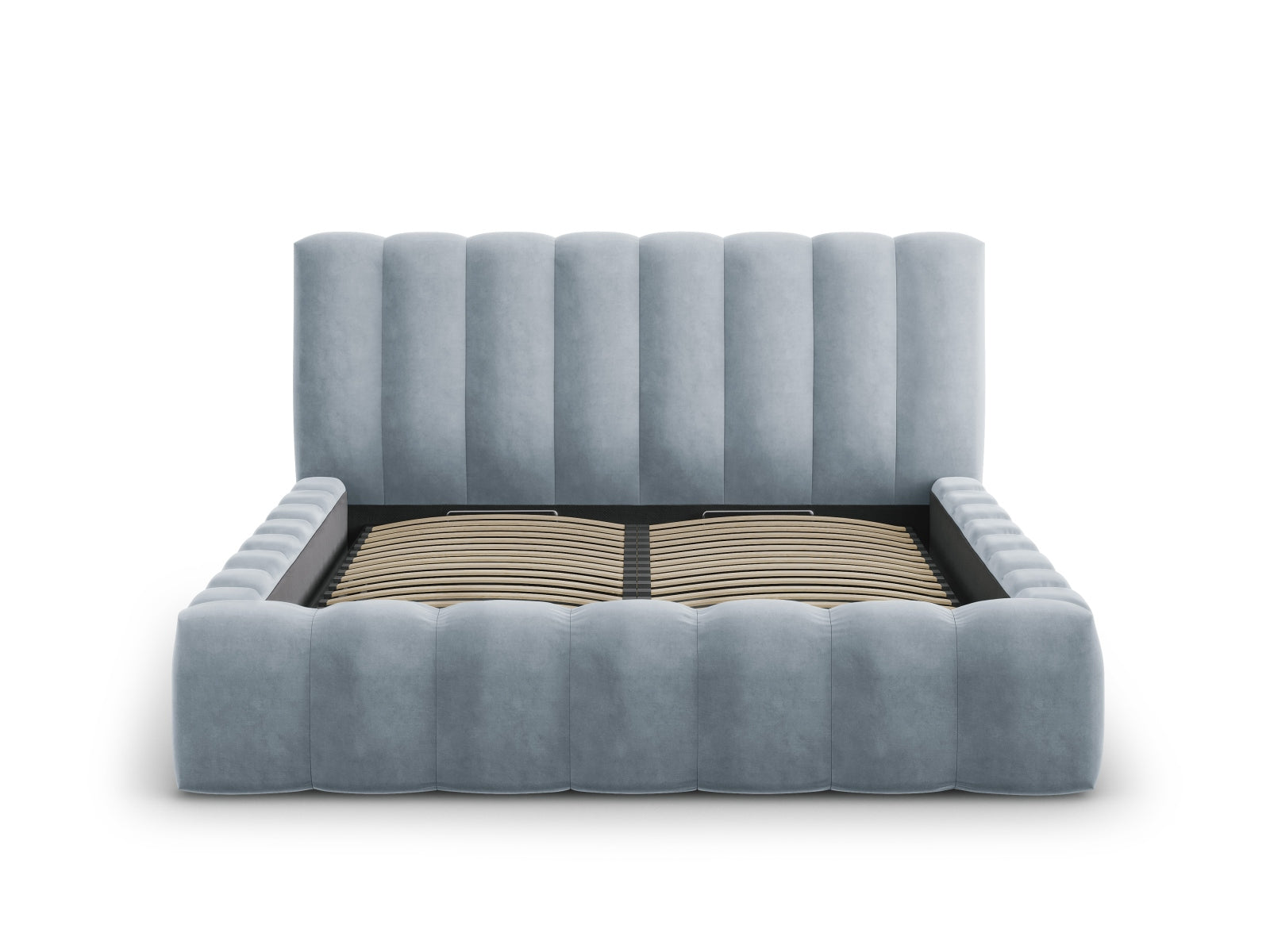 Elegantes Palma Bett mit 180 cm Kopfteil und praktischem Stauraum in sanftem Light Blue-Bluvel, ideal für stilvolle Schlafzimmer.
