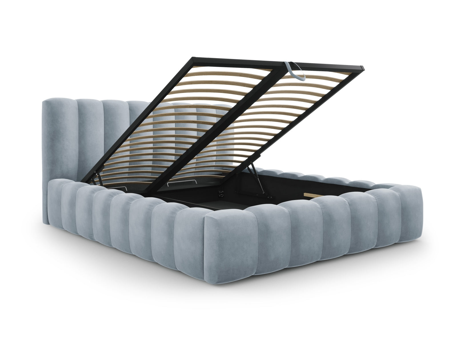 Modernes Palma Bett mit 180 cm hohem Kopfteil und integriertem Stauraum in zartem Light Blue-Bluvel, perfekt für ein elegantes Ambiente.