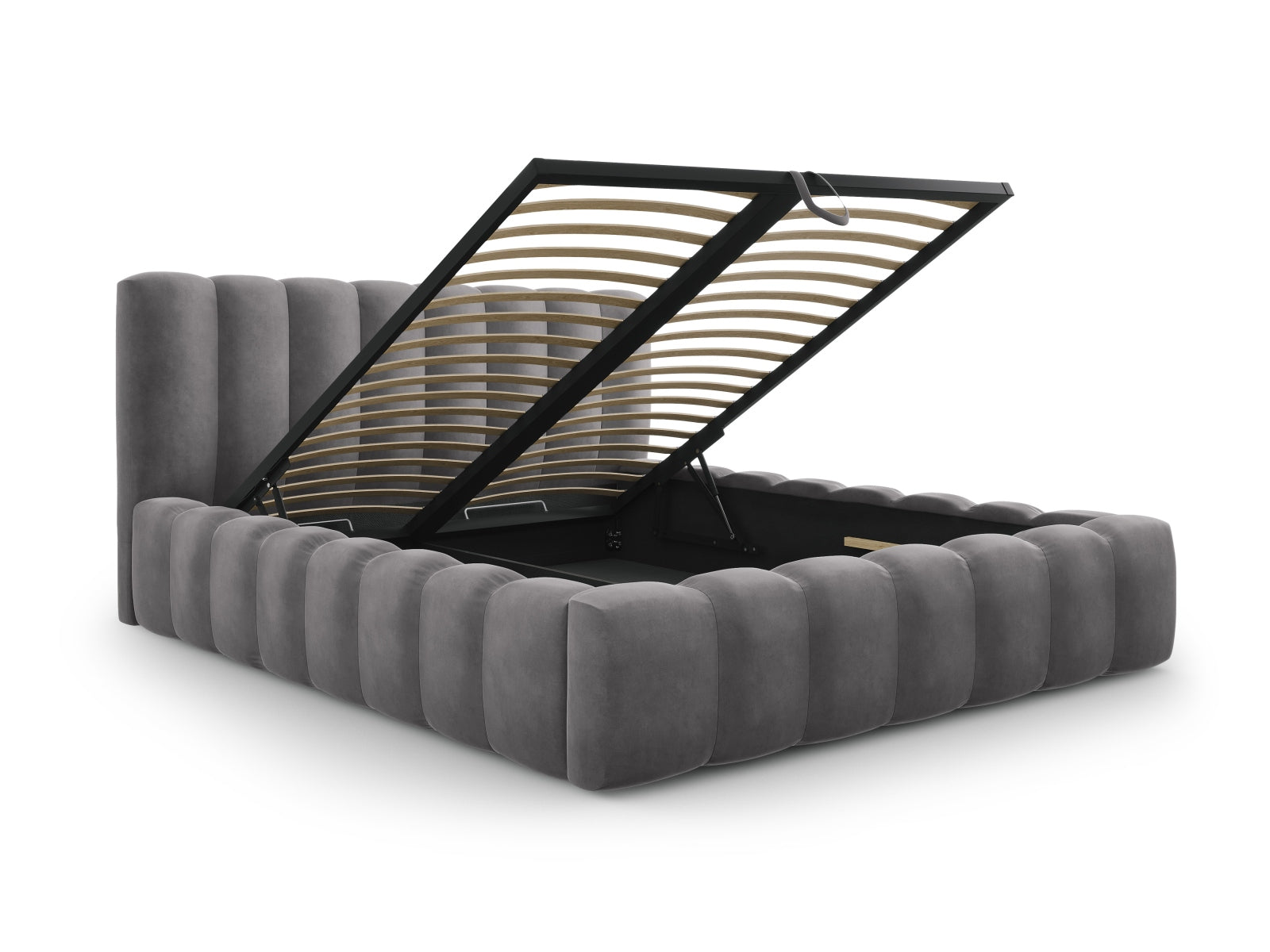 Modernes Palma Bett mit 200 cm hohem Kopfteil und integriertem Stauraum in stilvollem Grey-Bluvel, perfekt für zeitgemäße Schlafzimmer.