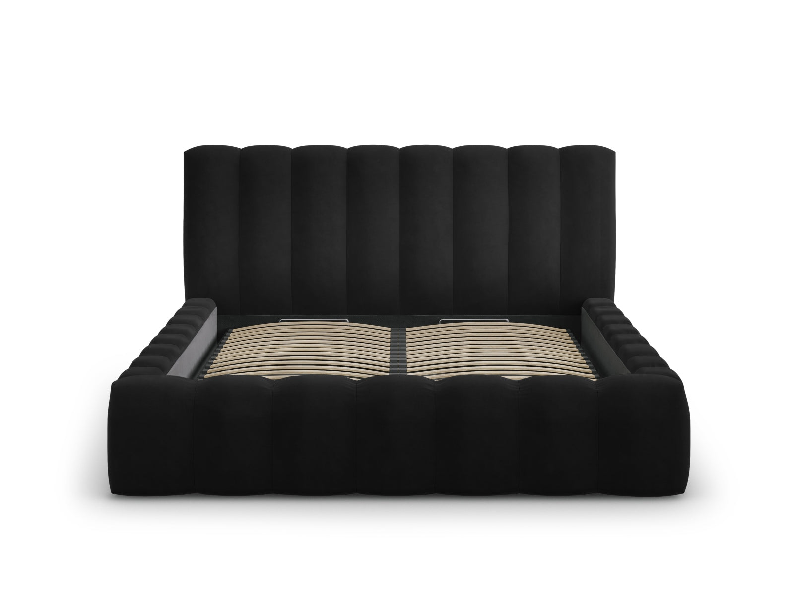 Elegantes Palma Bett mit 200 cm Kopfteil und praktischem Stauraum in stilvollem Black-Bluvel, ideal für moderne Schlafzimmer.
