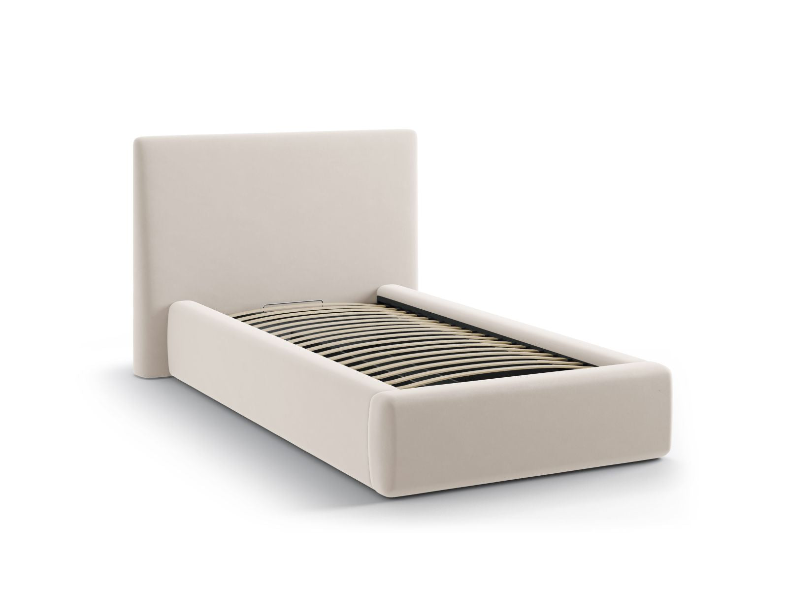 Elegantes Asti Bett in 90 cm Breite, ideal für kleine Räume, mit stilvollem Kopfteil und cleverem Stauraum in edlem Velvet-Design.