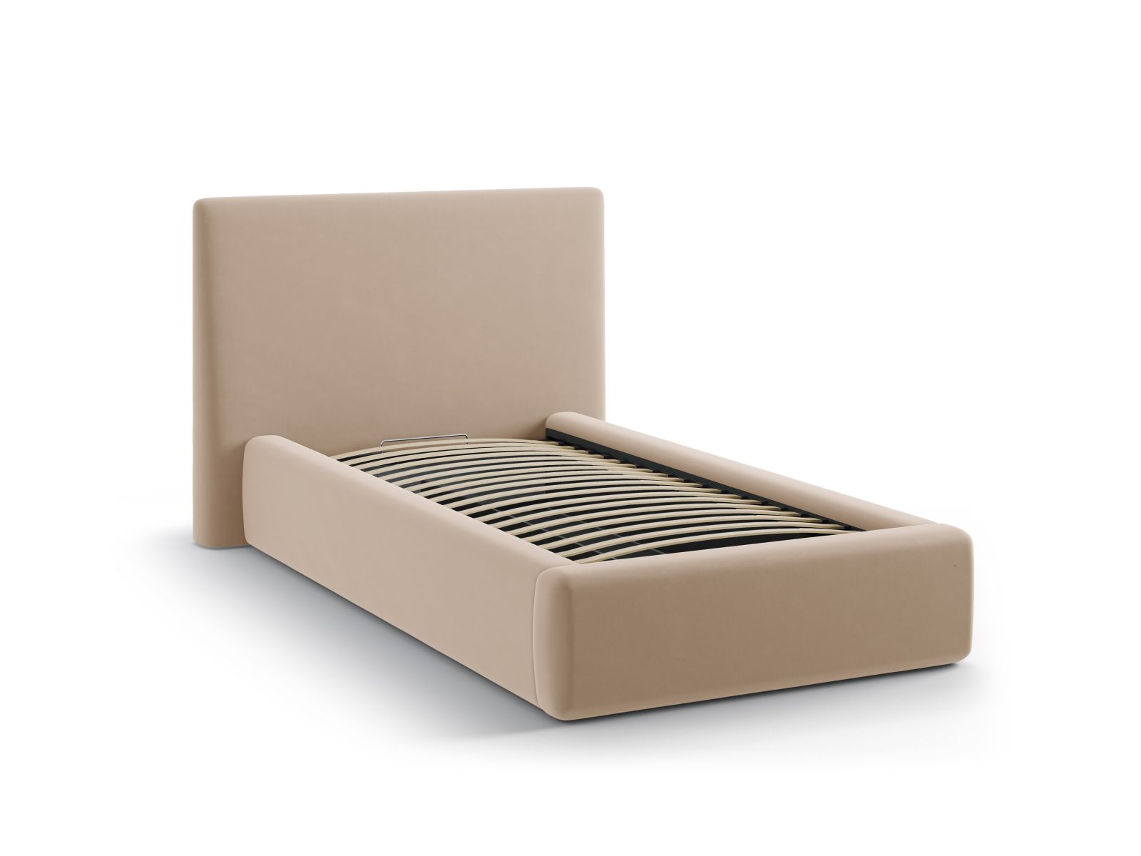 Elegantes Asti Bett in 90 cm Breite, ideal für kleine Räume, mit praktischem Stauraum und einem geschmackvollen Kopfteil in Almond Beige.
