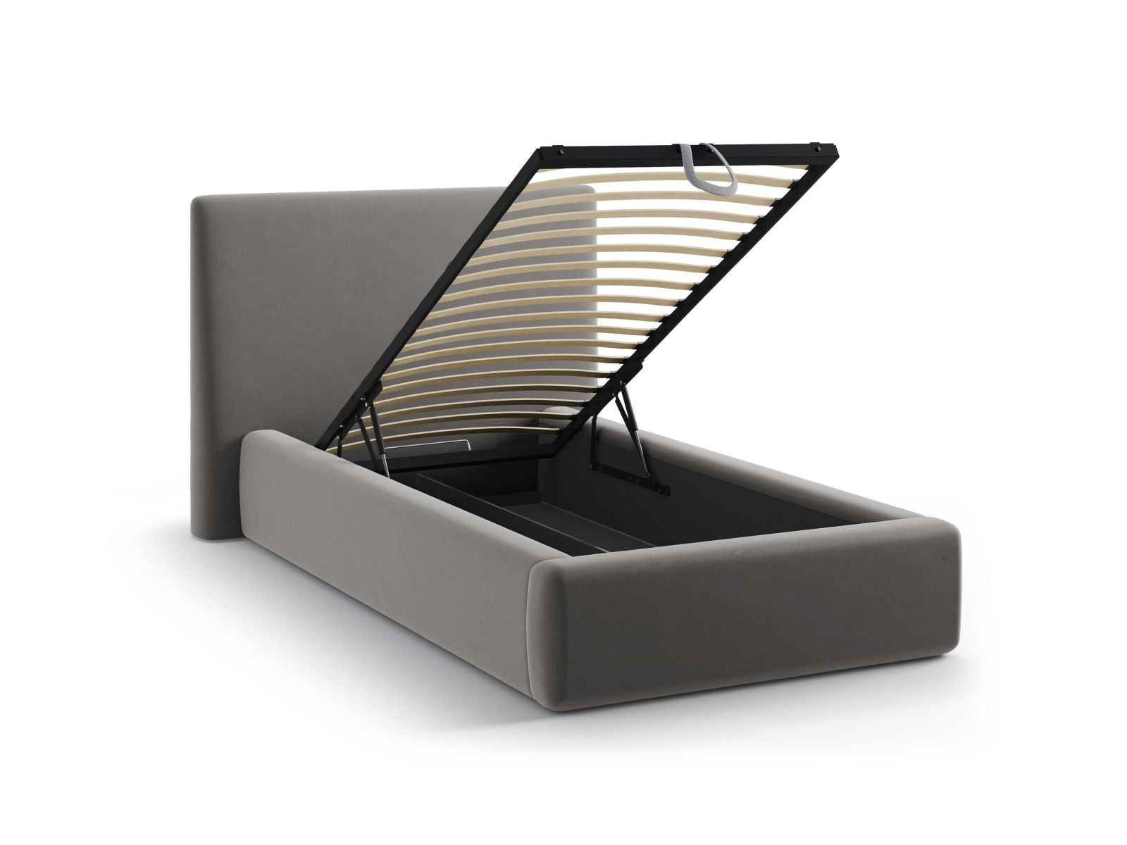 Modernes Asti Bett mit 90 cm Breite, perfekt für kompakte Räume, ausgestattet mit praktischem Stauraum und elegantem Kopfteil in Dunkelgrau.