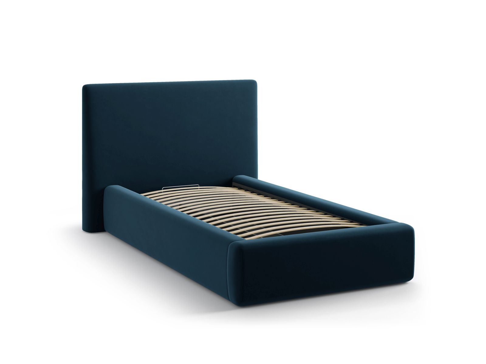 Elegantes Asti Bett in 90 cm Breite, bietet cleveren Stauraum und ein geschmackvolles Kopfteil in edlem Navy Blue-Magic Velvet.