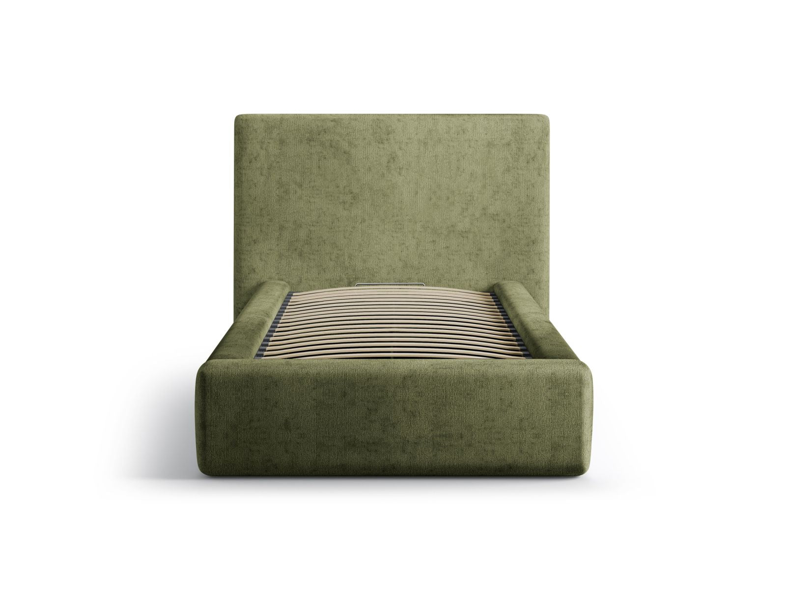 Elegantes Asti Bett mit 90 cm Breite, Stauraum und stilvollem Kopfteil in einem harmonischen Grünton, ideal für moderne Schlafzimmer.
