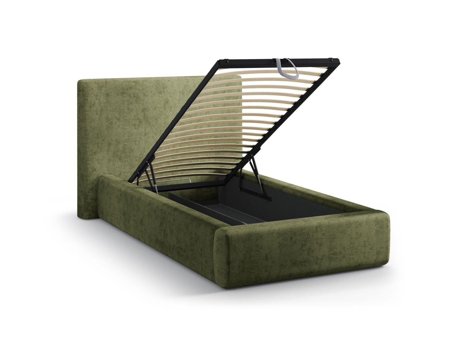 Modernes Asti Bett mit 90 cm Breite, bietet cleveren Stauraum und ein stilvolles Kopfteil in sanften Grüntönen, perfekt für Ihr Schlafzimmer.