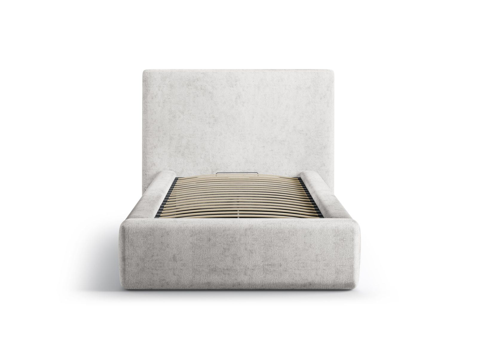 Elegantes Asti Bett mit praktischem Stauraum und stilvollem Kopfteil in sanftem Light Grey, ideal für moderne Schlafzimmer.