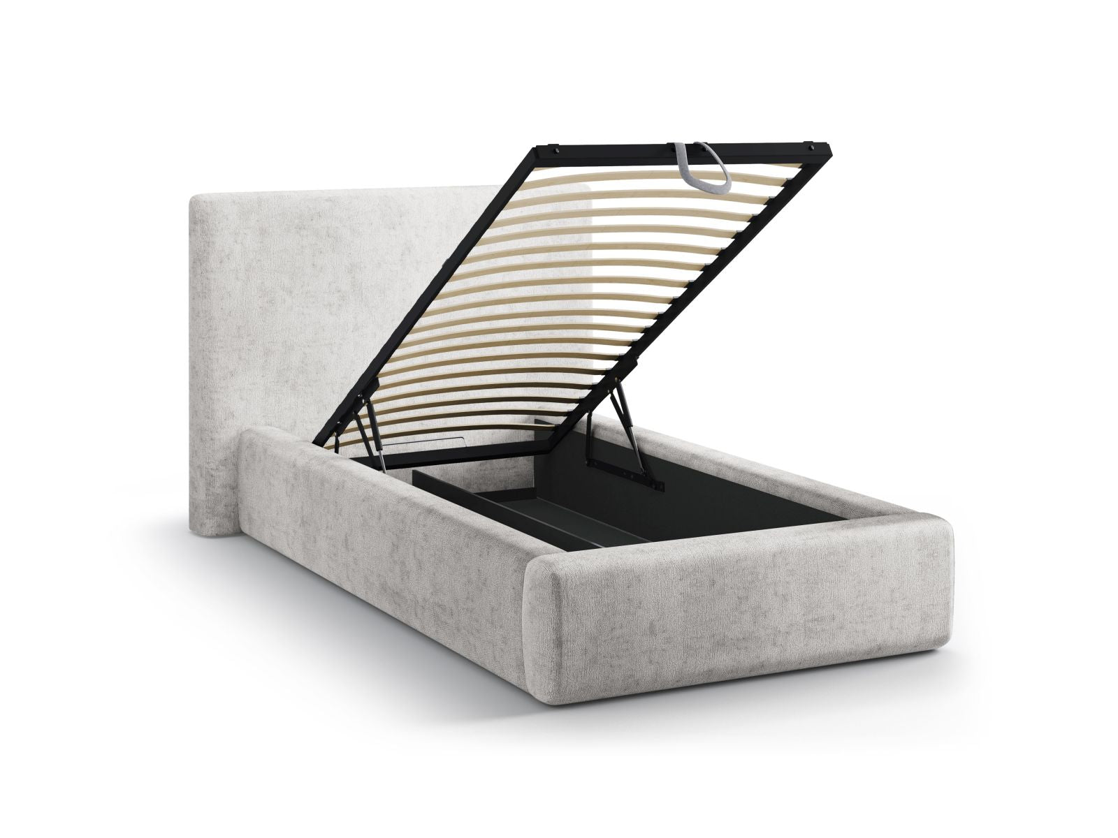 Modernes Asti Bett mit 90 cm Breite, ausgestattet mit praktischem Stauraum und einem ansprechenden grauen Kopfteil, perfekt für kompakte Schlafzimmer.
