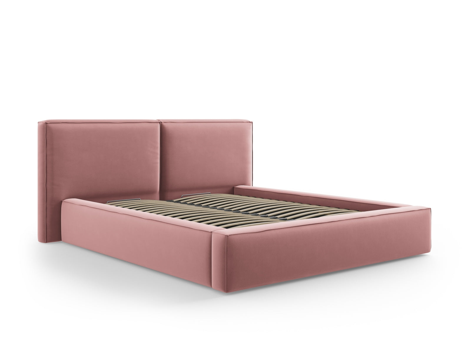 Stilvolles Arendal Velour Bett in Pink-Casino mit doppeltem Kopfteil und integriertem Stauraum, perfekt für moderne Schlafzimmer.