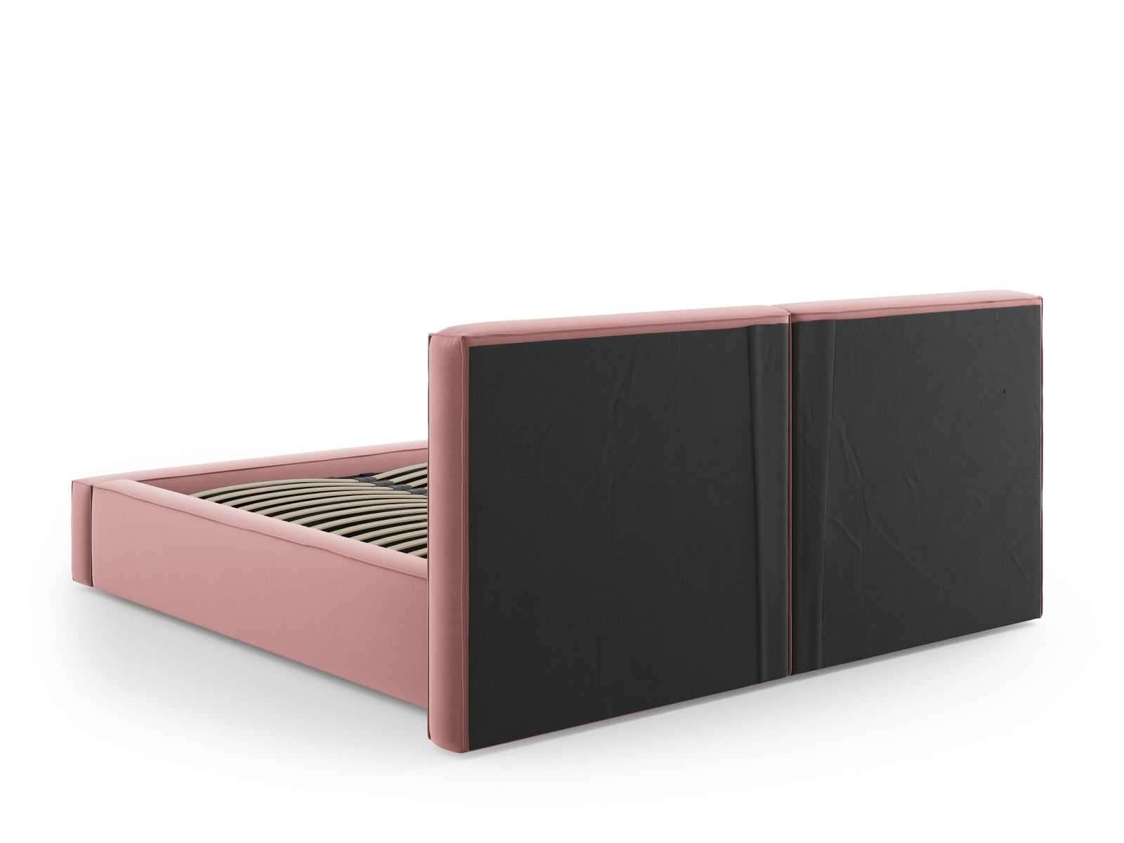 Elegantes Arendal Velour Bett in sanftem Rosa, ausgestattet mit doppeltem Kopfteil und praktischem Stauraum für modernes Wohnen.