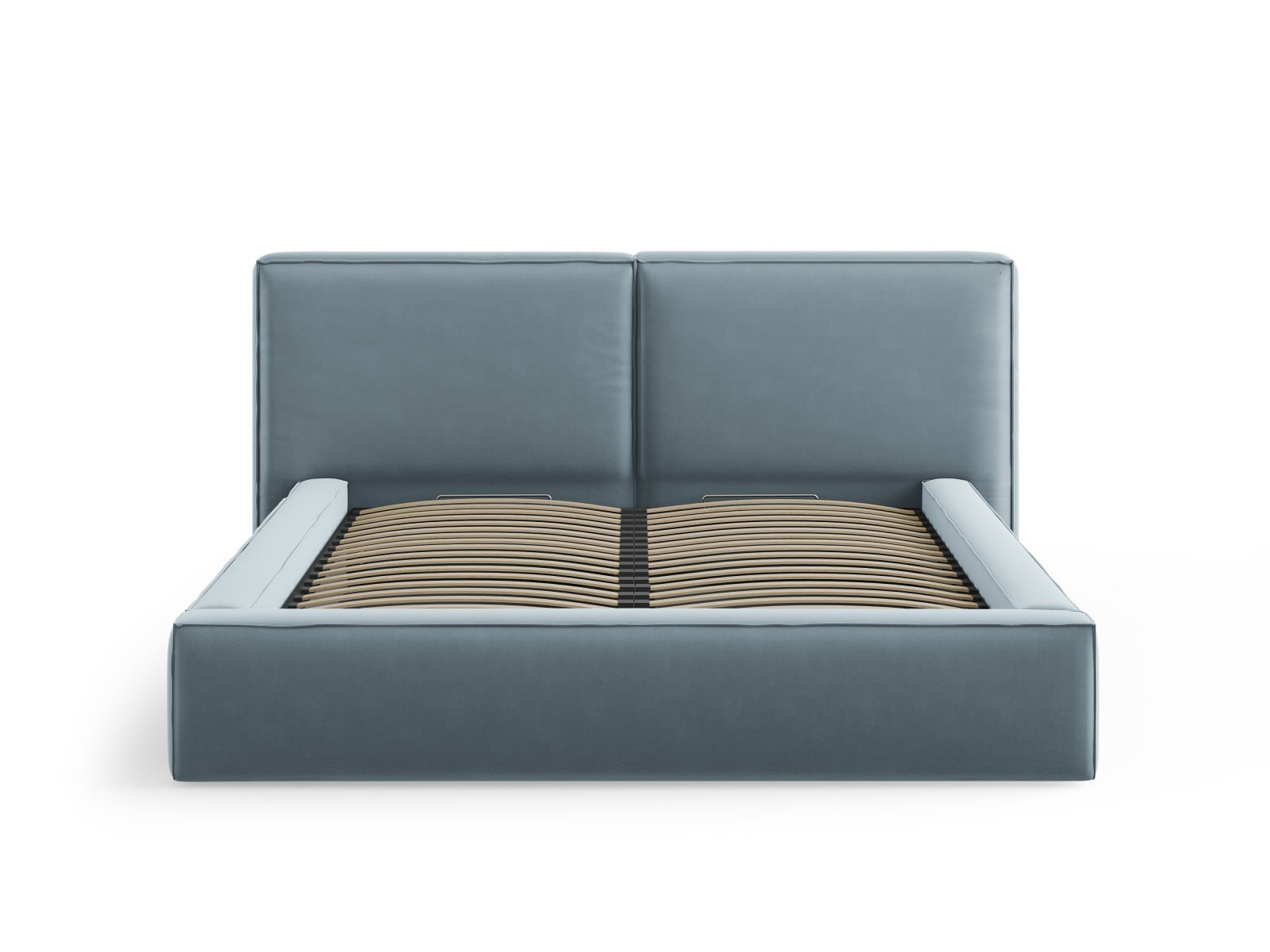 Elegantes Arendal Velour Bett in sanftem Hellblau, bietet cleveren Stauraum und ein komfortables, doppeltes Kopfteil für stilvolle Schlafzimmer.