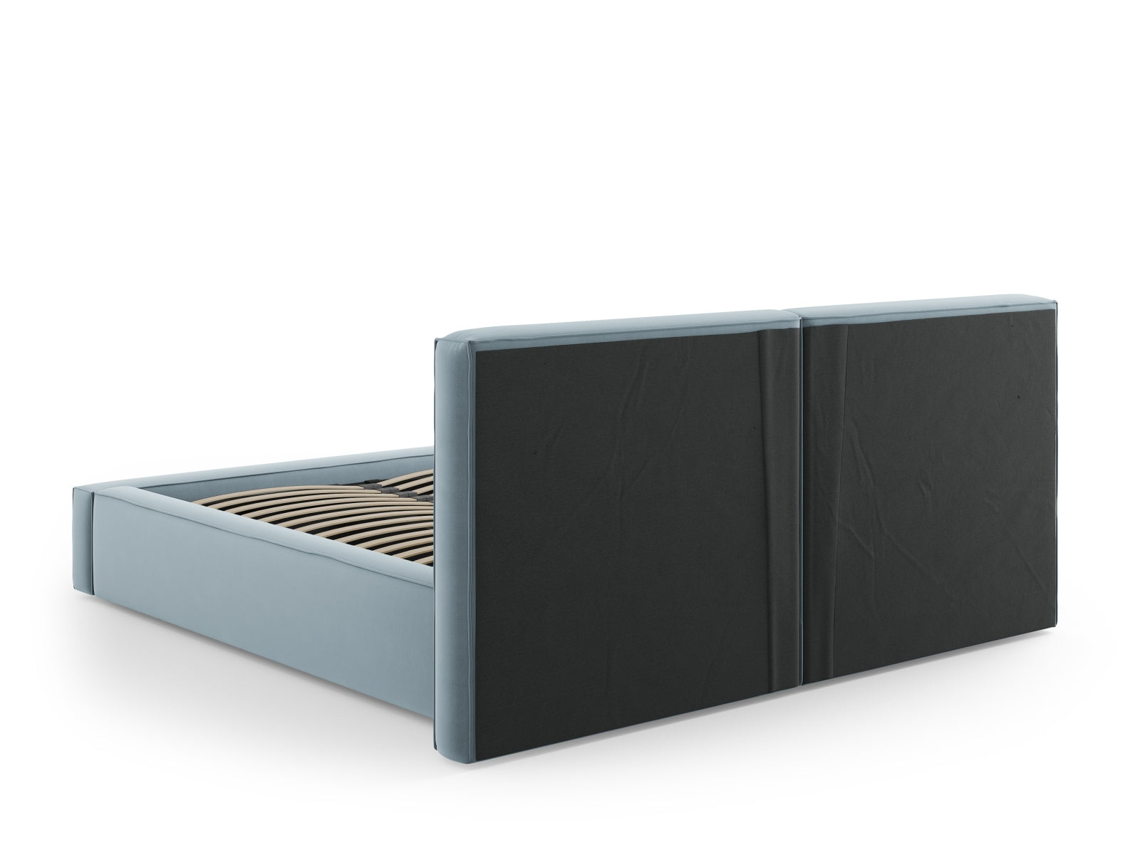 Elegantes Arendal Velour Bett in sanftem Hellblau, bietet cleveren Stauraum und ein komfortables, doppeltes Kopfteil für stilvolle Schlafzimmer.