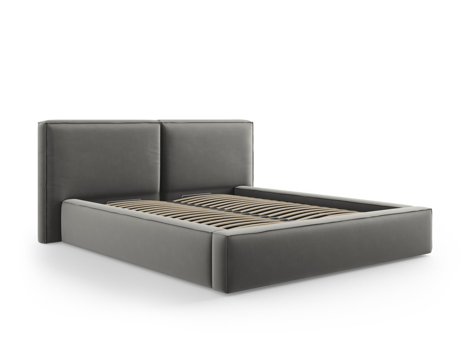 Stilvolles Arendal Velour Bett in hellem Grau, ausgestattet mit praktischem Stauraum und einem doppelten Kopfteil für zusätzlichen Komfort.