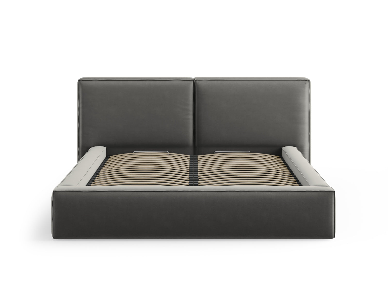 Elegantes Arendal Velour Bett in sanftem Grau, bietet cleveren Stauraum und ein luxuriöses doppeltes Kopfteil für optimalen Schlafkomfort.