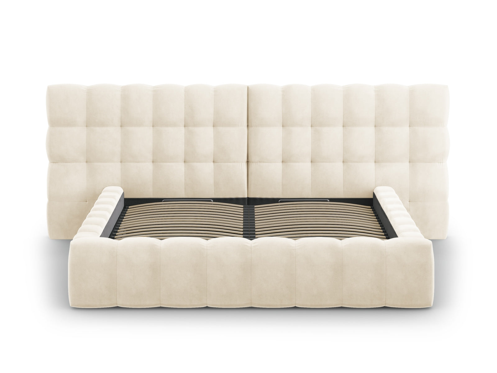 Elegantes Bali Bett mit doppeltem Kopfteil und praktischem Stauraum in zartem Beige, ideal für ein modernes Schlafzimmerdesign.