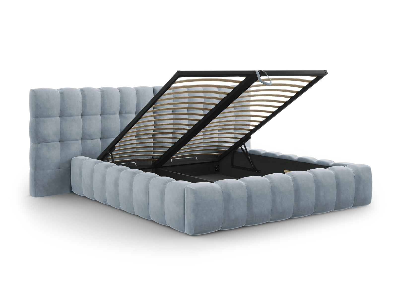 Modernes Bali Bett mit doppeltem Kopfteil und integriertem Stauraum in zartem Hellblau, perfekt für eine stilvolle und funktionale Schlafumgebung.